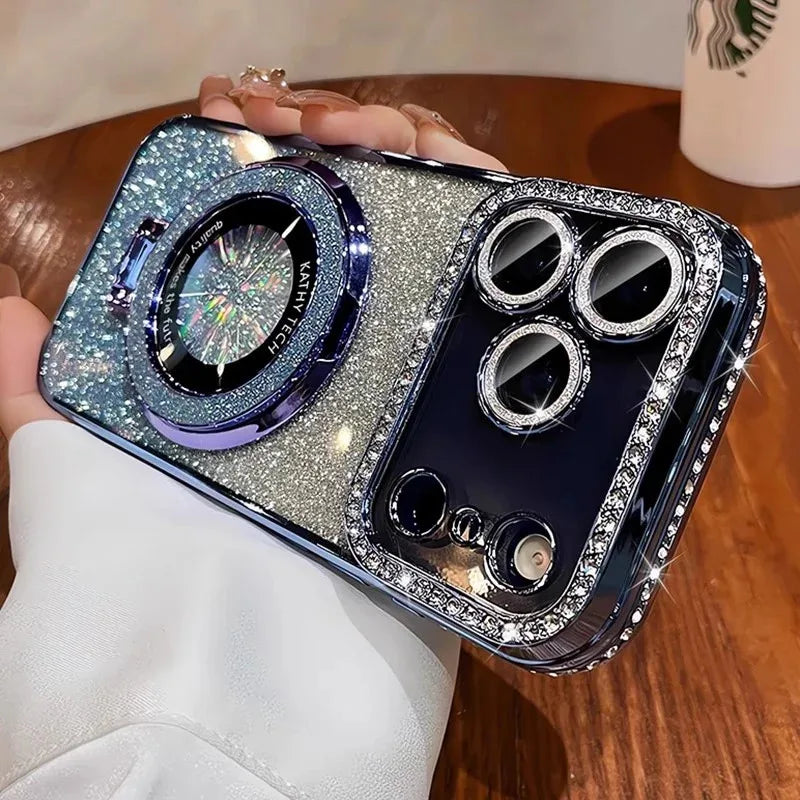 Plating transparent diamond glitter magnetic phone case for iPhone 17 16 13 14 15 Pro Max lens protection bracket back cover