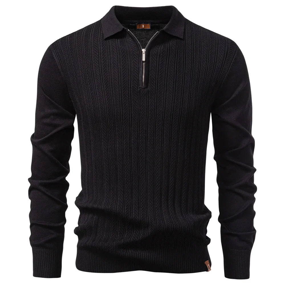 Zip Placket Polo Shirt Men Premium Solid Color Slim Fit Long Sleeve Textured Fabric Business Casual Autumn Winter