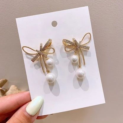 New Fashion Korean Cute Sweet Black White Women Statement Stud Earrings Fabric Lace Bow Drop Earrings Luxury Jewelry Party Gifts