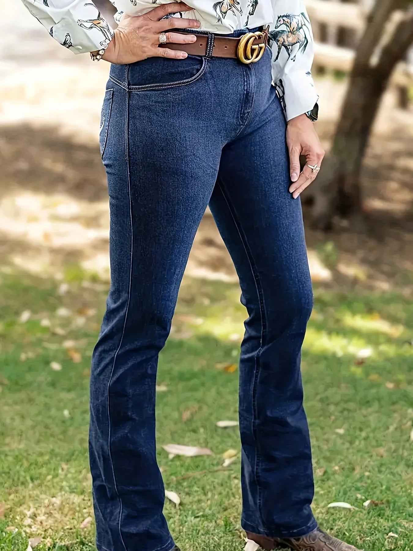 High-Waisted Embroidered Flare Jeans - Stretch Denim Bell Bottoms