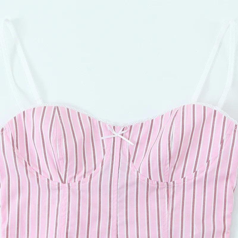 Women Fashion With Bow Striped Backless Side Zipper Tops Vintage Thin Straps V-Neck Female Chic Lady Camis
