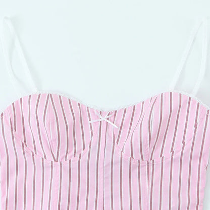 Women Fashion With Bow Striped Backless Side Zipper Tops Vintage Thin Straps V-Neck Female Chic Lady Camis
