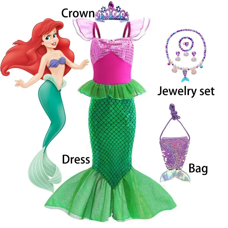 Little Mermaid Ariel Princess Girl Dress Up Charm Costume Kids Birthday Party Disguise Luxury Fishtail Clothes Wigs Sets
