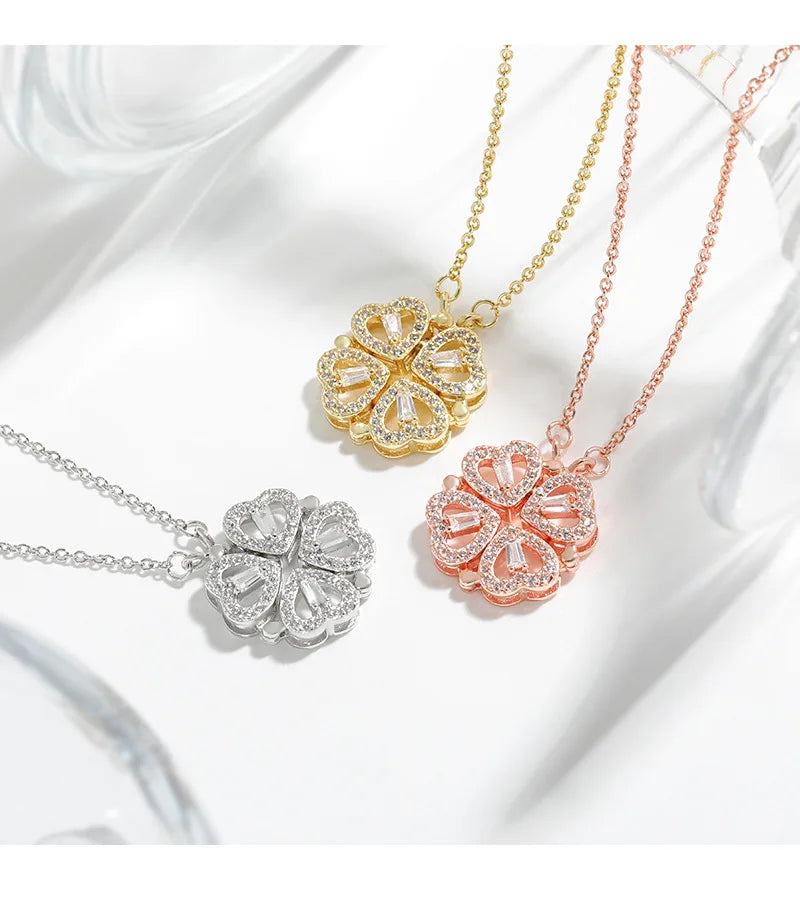 Transform Luxury Four Leaf Clover Pendant Necklace  Stainless Steel Crystal Gold Color Heart Jewelry for Women Gift