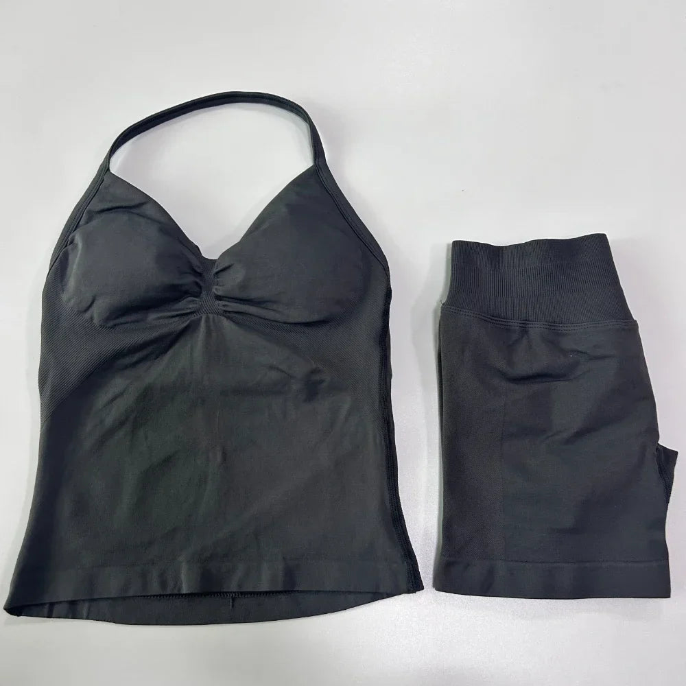 No Logo 2 Pieces Sports Set Workout Clothes Shorts Sets Gym Strappy Top Scrunch Shorts Yoga Clothing Gym Set