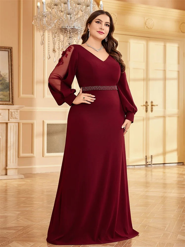 Plus Size Luxury V-Neck Red Long Sleeves Applique Formal Evening Dresses Women V-back Wedding Party Maxi Guest Gowns
