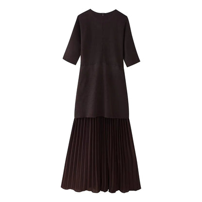 Women Elegant Half Sleeves O-Collar Pleated Dress Spring Woman Rear Zipper Splicing Vintage Casual Knitted Long Dress
