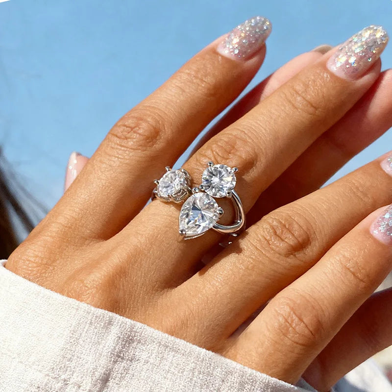 Pear/round Cut Adjustable Moissanite Rings for Women Ideal Cut Female S925 Sterling Silver Plated 18K Lab Diamond Band