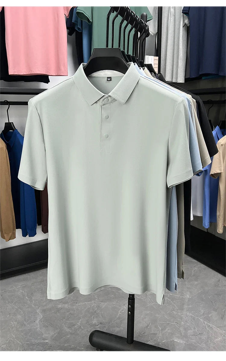 Summer Short Sleeve T-Shirt - Premium Jacquard Spandex, 7A Antibacterial, Seamless, Contrast Color, Split Hem, Wrinkle-Free Polo