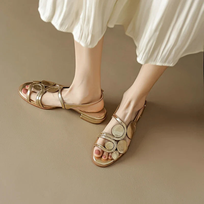 Women's New Round Head Spring/Summer Genuine Leather Sheepskin Spliced Low Heel Large Size Elastic Open Toe Sandals