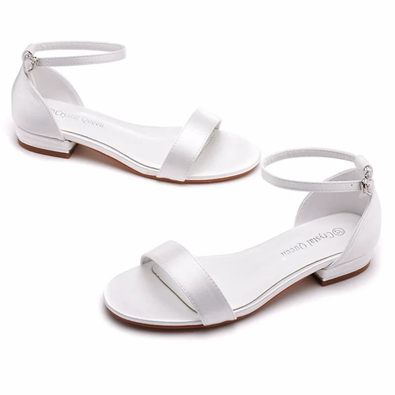 Summer new 2-cm square-heeled silk ribbon pearl rhinestone low-heeled wedding shoes beaded lace-up flat large-size women sandals