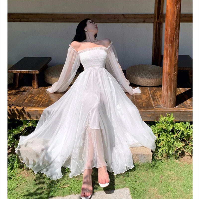 Elegant Maxi Dresses For Women White Off Shoulder Puff Long Sleeve Elastic High Waist Party Gown Ruffle Holiday Dress