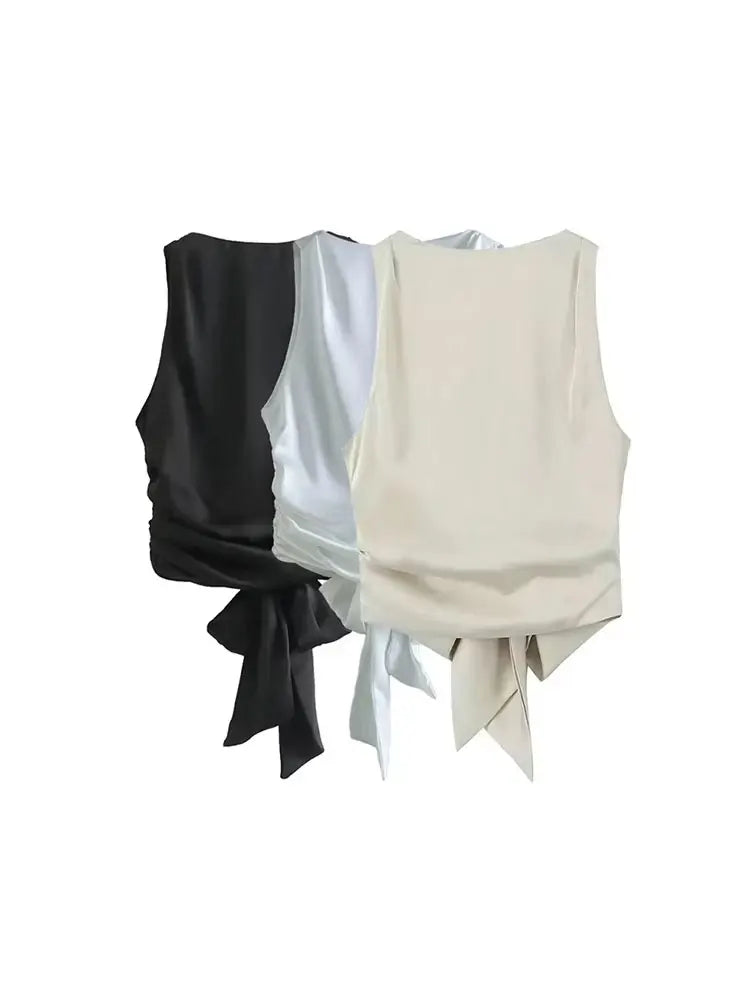 Women Sexy Fashion With Tied Satin Back Open Crop Blouses O Neck Sleeveless Female Shirts Blusas Chic Tops