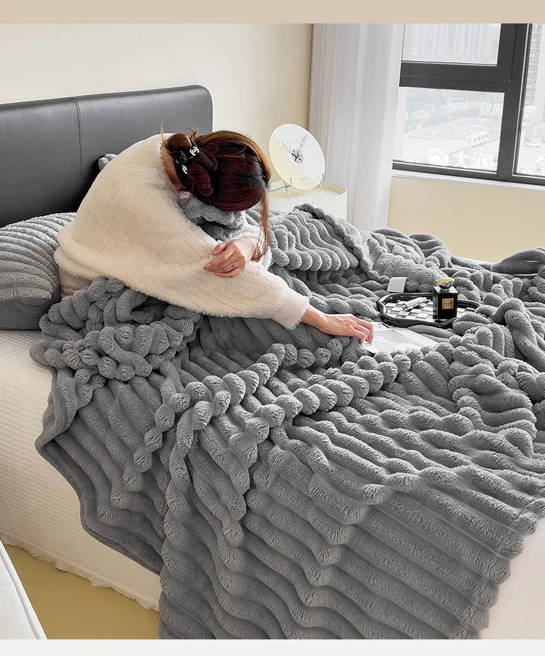 2025 New Rabbit Plush Blanket Draw Stripe Thickened Flannel Blanket Shawl Coral Fleece Sofa Blanket, without Pillowcase