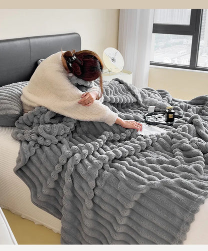 2025 New Rabbit Plush Blanket Draw Stripe Thickened Flannel Blanket Shawl Coral Fleece Sofa Blanket, without Pillowcase