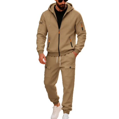 Autumn and winter men's velvet loose casual tooling outdoor sports fashion hooded sweater set
