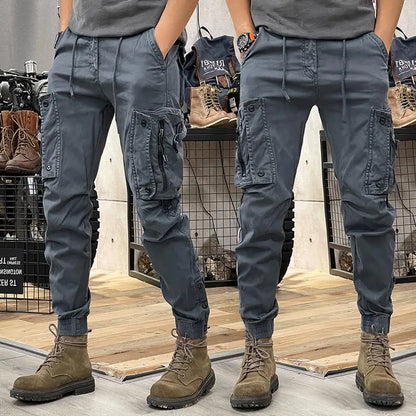 Fashionable men's slim fit work pants, casual loose zipper, multi pocket jogging pants, elastic leg binding pants