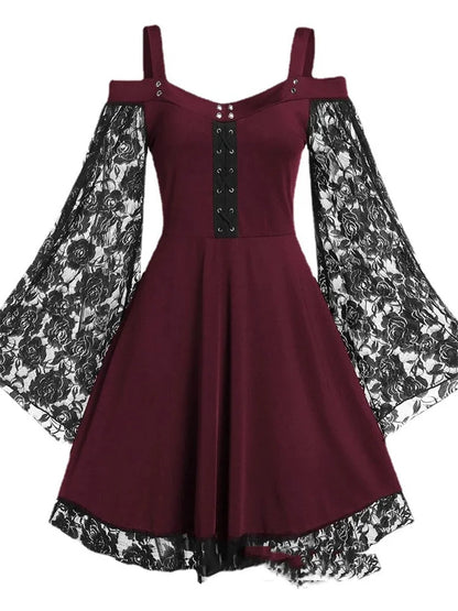 One-shoulder Lace Stitching Flared Sleeve Dress Literary Vintage Autumn Grunge Black A-line Dress Punk Partywear
