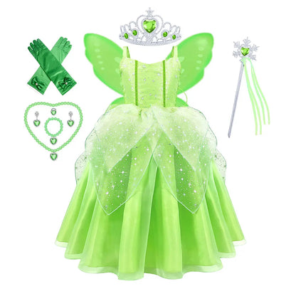 2024 Pixie Fairy Ball Gown Off Shoulder Suspenders Frock Tinker Cosplay Girls Delicate Fancy Princess Dress Toddler Elf Costume