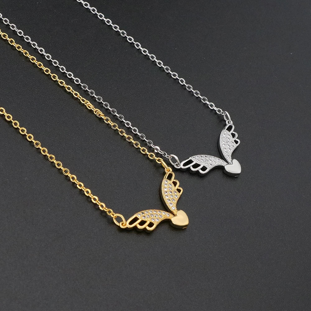Delicate Women 24K Gold Plated Zircon Angel Wing Chain Pendant Necklace