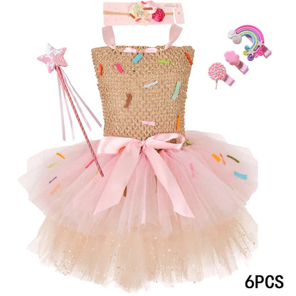 Sweet Ice Cream Candy-Themed Girls Dress for Kids Birthday Carnival Party Rainbow Tutu Children's Costume Wedding Outfits