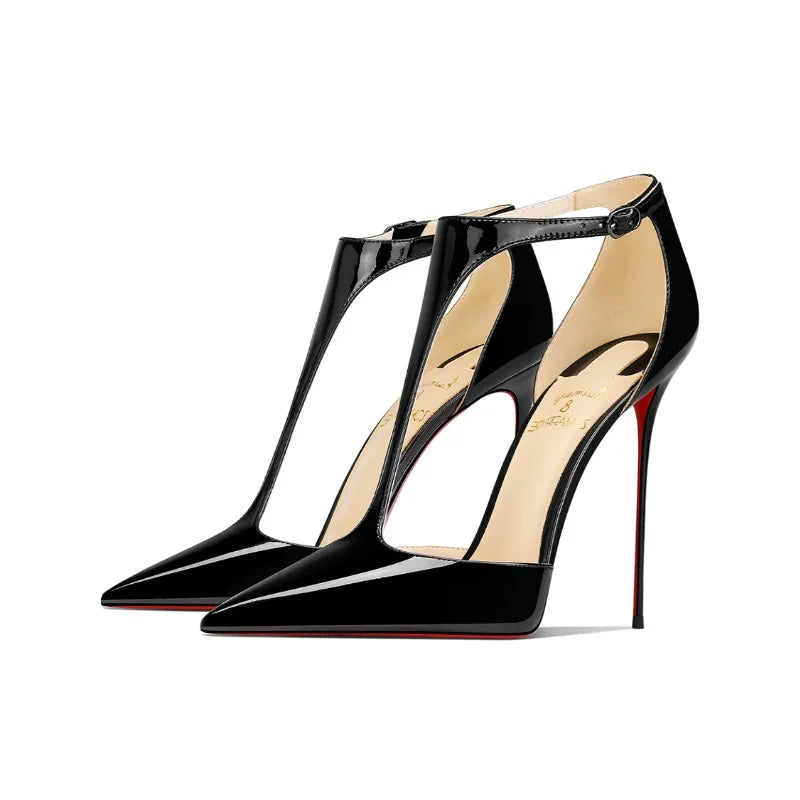 Black patent leather T-belt bag with nightclub sexy 12cm ultra-fine heel pointed party European and American high-heeled sandals