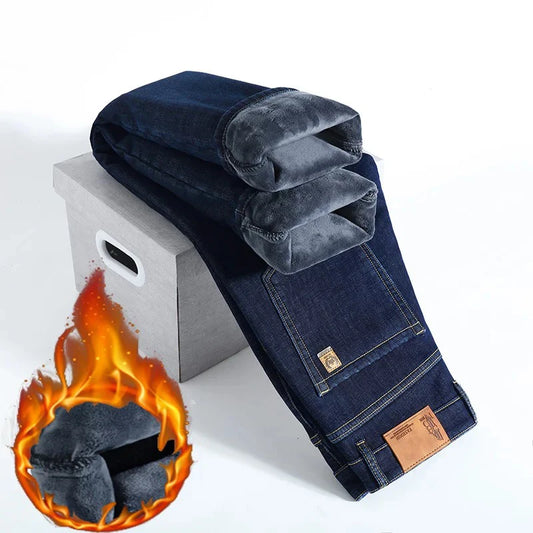 28-40 Large Size Winter Men Plush Thick Fleece Trouser Lambswool Thermal Jeans Casual Pants Windproof Warm Cotton Denim Pants