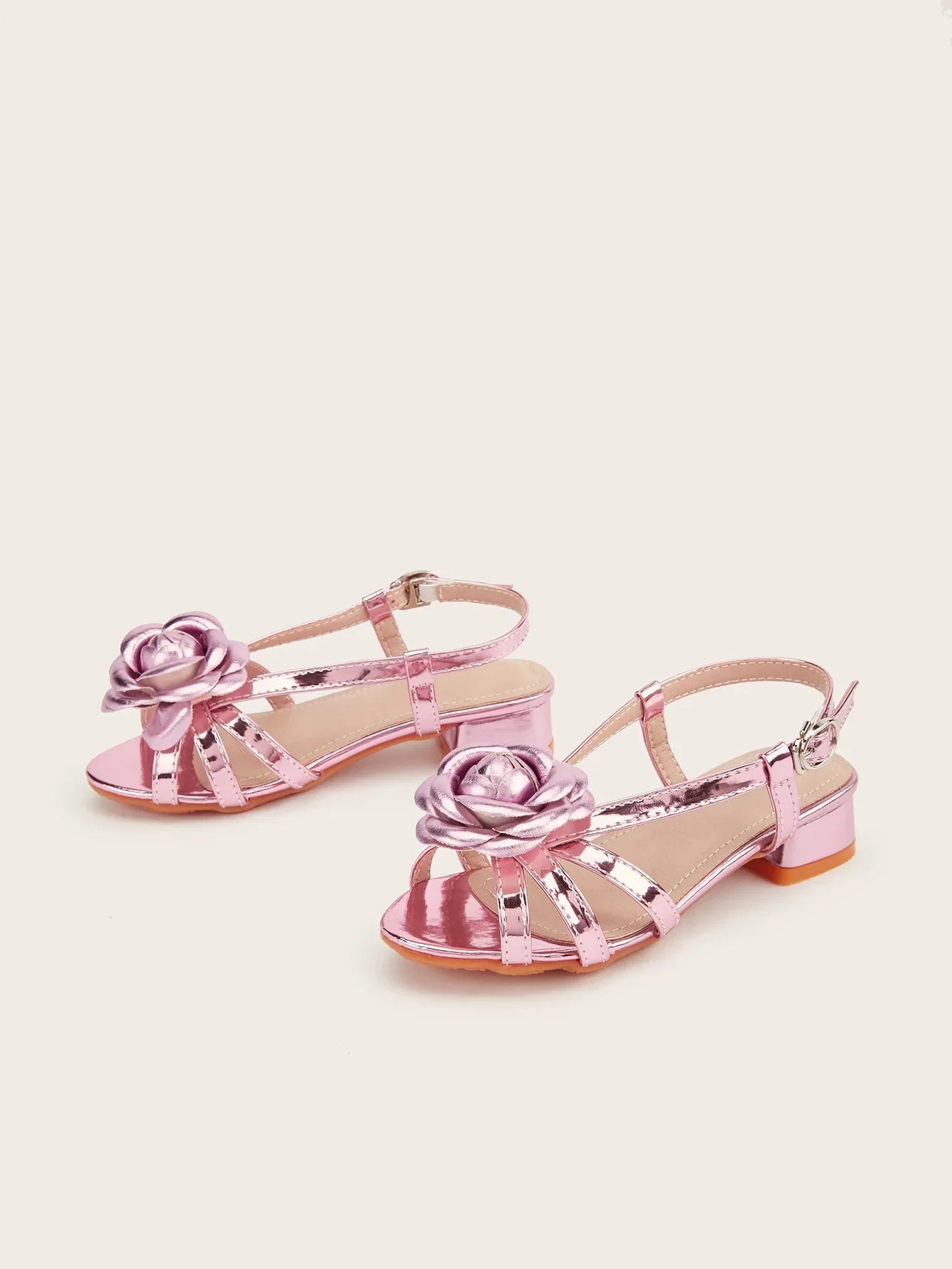 2025 Summer New Children's High Heels Fashion Flower Girls' Princess Sandals Silver Kid's Performance Dance Shoes 5-10 Years Old