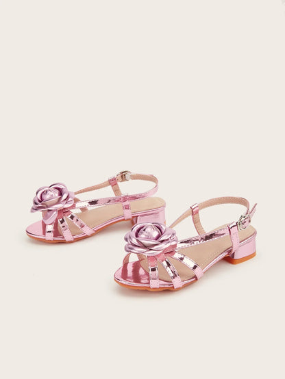 2025 Summer New Children's High Heels Fashion Flower Girls' Princess Sandals Silver Kid's Performance Dance Shoes 5-10 Years Old