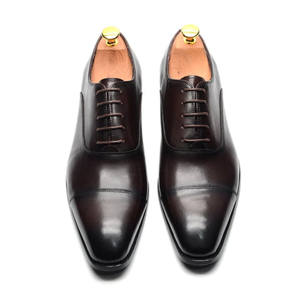 Classic Cowhide Genuine Leather Mens Dress Shoes Black Brown Cap Toe Lace-Up Oxford Company Business Office Formal Shoes for Men