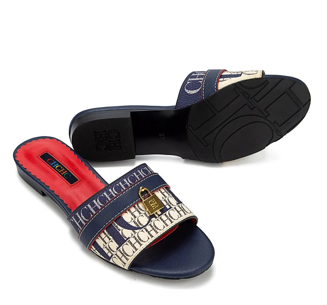 High Quality Metal Lock Monogram Print Women's Low Heeled Slippers Delicate and Versatile Women's Fashion Slippers