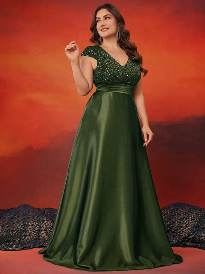 Plus Size Elegant V-Neck Red Sequins Evening Dress Long Luxury Women Satin Sleevesless Party Prom Cocktail Gowns