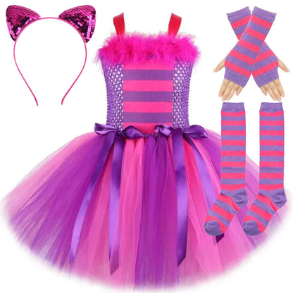 Fantasias Gato Cheshire Rosa Pink e Roxo para Bebês Meninas Roupa de Tutu Chique de Animal para Crianças Festa de Carnaval com Orelhas Laço e Meias
