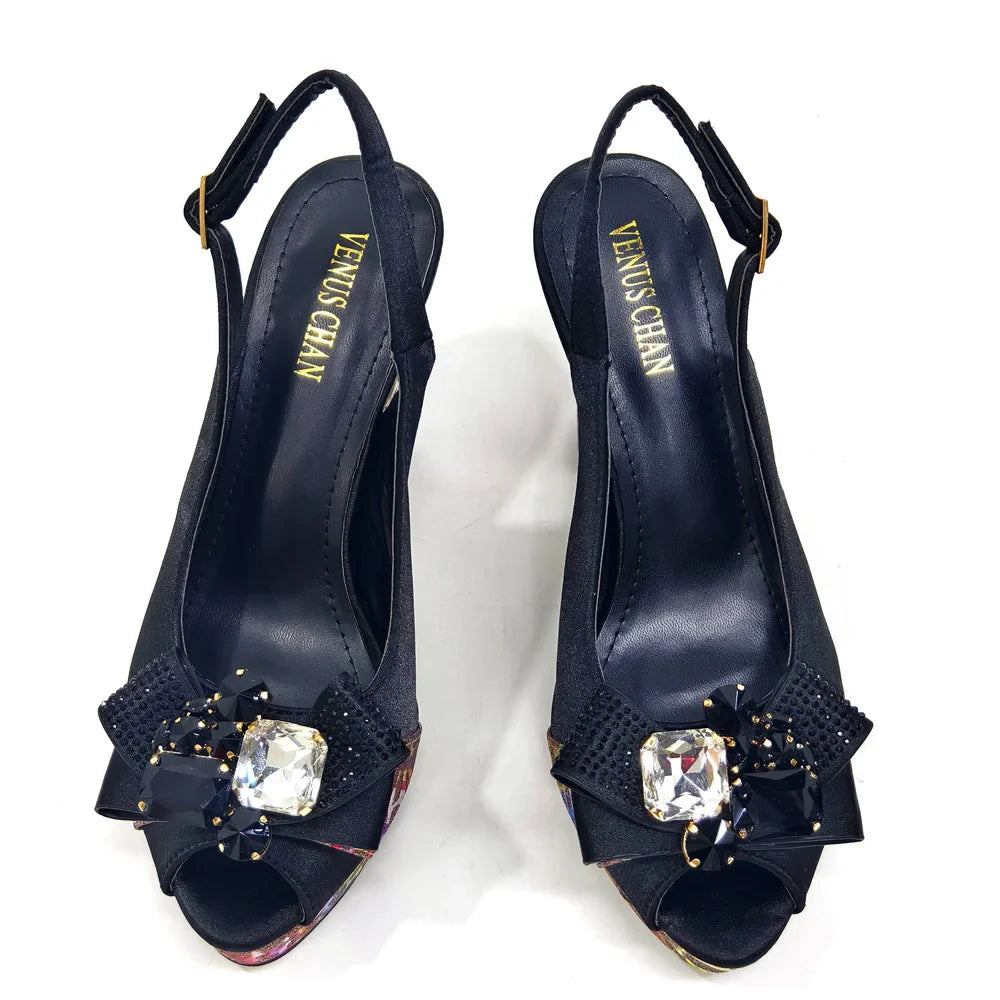 Rhinestone Design INS Hot Sale New Arrivals African Shoes and Bag Set in Blue Color Open Toe Comfortable Women Heels