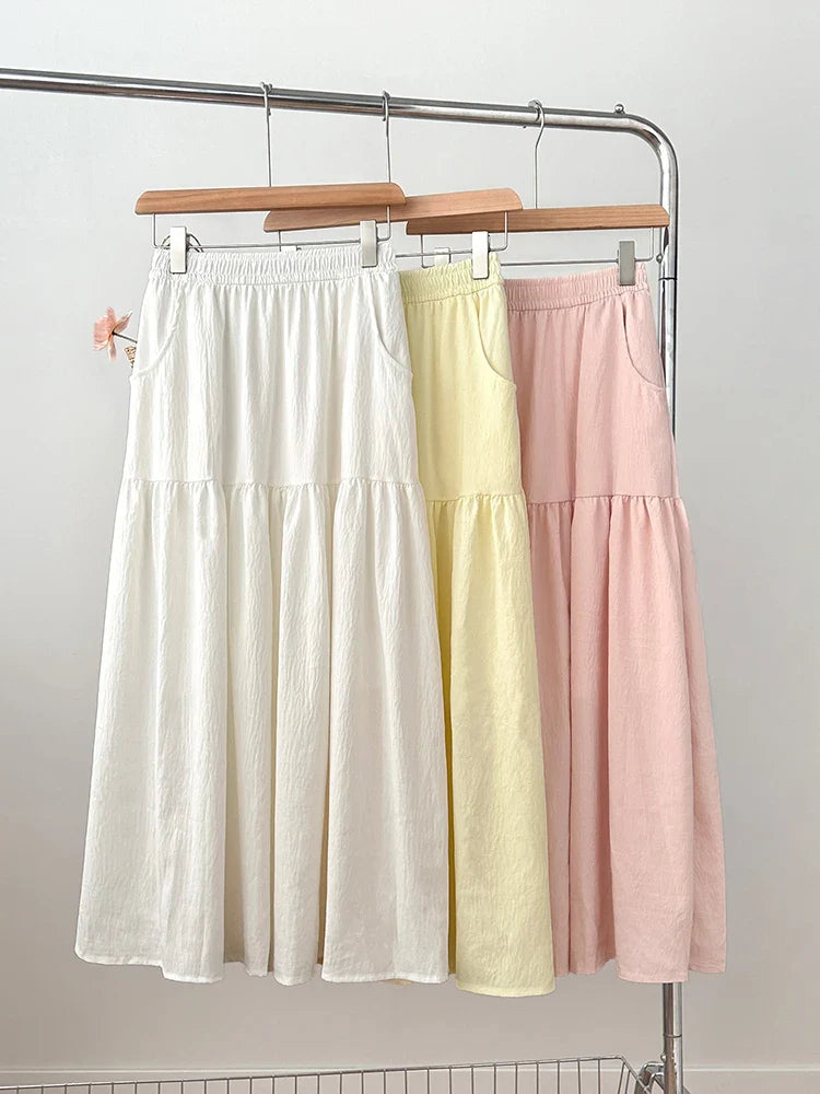 Women's Summer Effortless Chic Midi Skirt - Korean Flowy Big Hem Voluminous Ruffle Cake Skirt