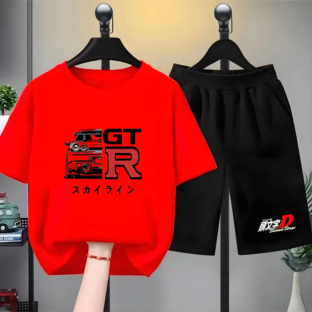 Kids Summer 2pcs Short Sleeve T-shirts+pants Suits 3-12 Years Boys Girls Casual Outfits Children Japanese Manga Racing Clothes
