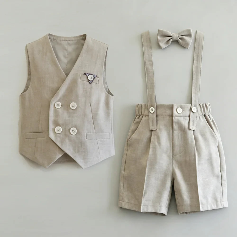 Summer Kids Boy Linen Suit Set Double Breasted Vest Shorts Bowtie for Ring Bearer Flower Boys Toddler Gentleman Outfit Clothes