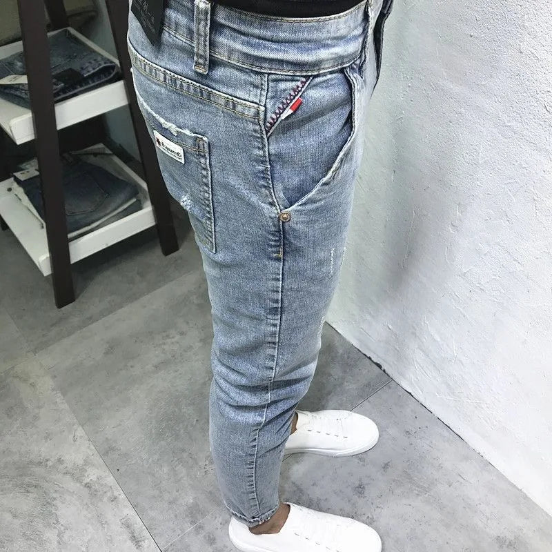 2024 Spring and Autumn New Fashion Trend Solid Color Elastic Small Legs Men's Casual Slim Comfortable High Quality Denim Pants