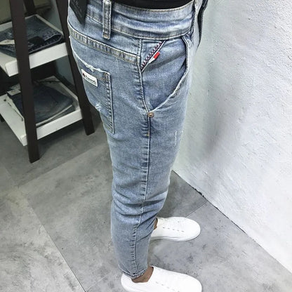 2024 Spring and Autumn New Fashion Trend Solid Color Elastic Small Legs Men's Casual Slim Comfortable High Quality Denim Pants
