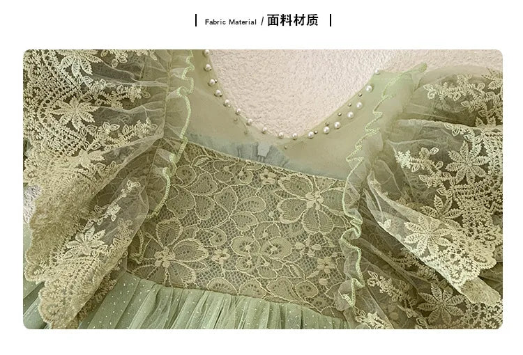 Kid Girl Elegant Light Green Dress for Children Intricate Lace Flutter Sleeves and Voluminous Sparkling Tulle Skirt Summer