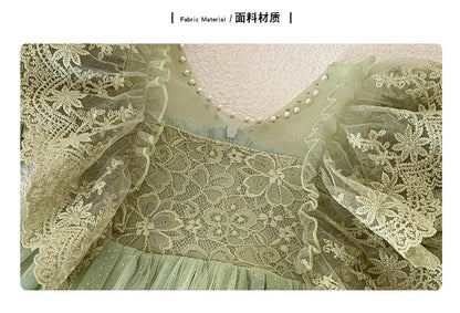 Kid Girl Elegant Light Green Dress for Children Intricate Lace Flutter Sleeves and Voluminous Sparkling Tulle Skirt Summer