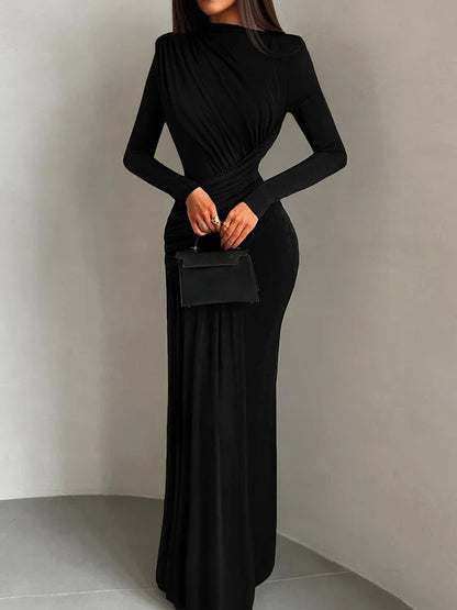 Folds Maxi Dress Women o-Neck Full Sleeve Solid Banquet Elegant Vacation Fashion Autumn Skinny Casual Simple Vestidos