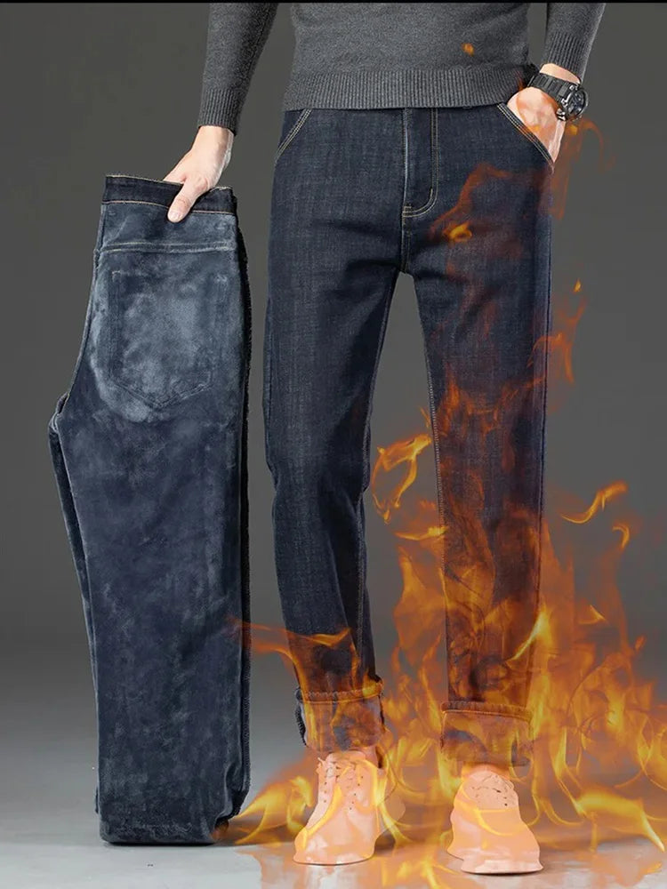 28-40 Large Size Winter Men Plush Thick Fleece Trouser Lambswool Thermal Jeans Casual Pants Windproof Warm Cotton Denim Pants