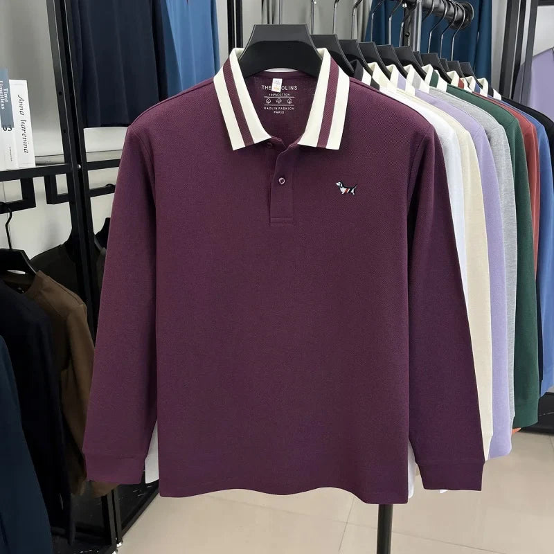 Men's 100% Cotton Original Design Printed Long Sleeved Polo Shirt Spring Autumn Simple Fashion Business Lapel T-shirt Men's Wear