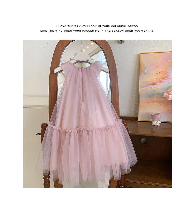 Girls' Sleeveless Floral Mesh Dress - Princess Party Gown for Toddlers 2-8 Years, Breathable Wedding & Special Occasion Dress