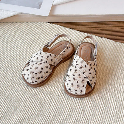 Girls Princess Floral Sandals New Summer Cross Strap Children Beach Shoes Non-Slip Breathable Kids Flat Sandals School Perform