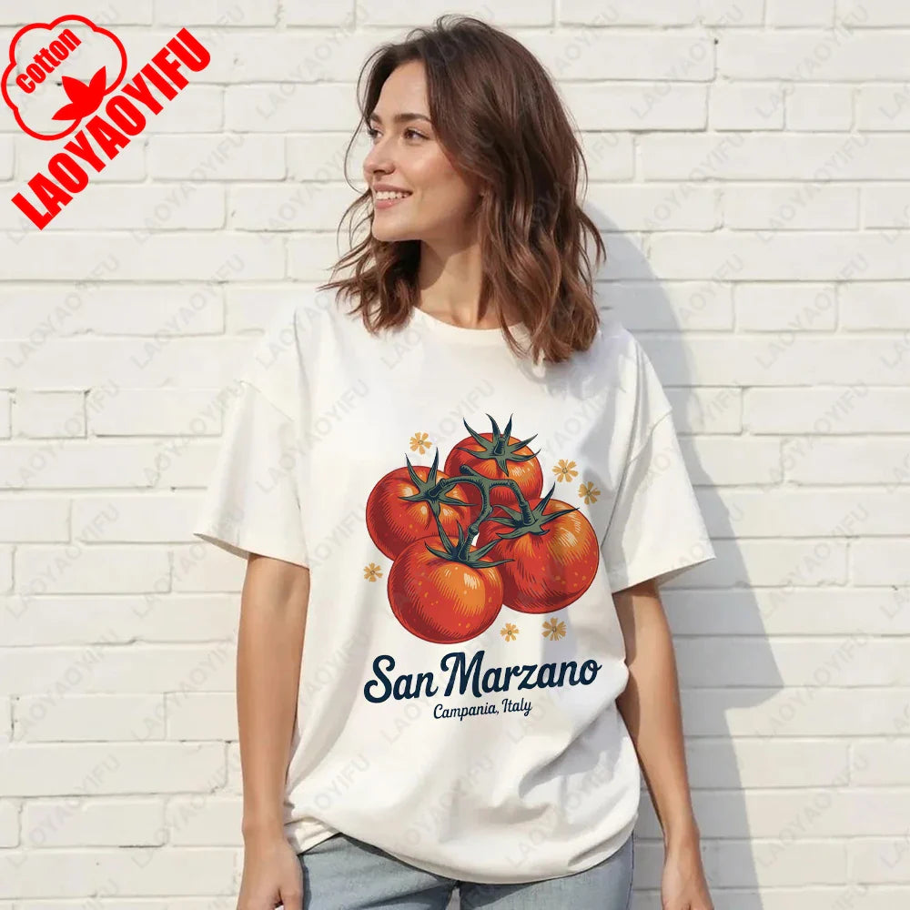 Vintage Italian Tomato Cotton Graphic Tshirt Summer Shirt Women Top Italy Vacation Aesthetic Tomato Girl Market Style