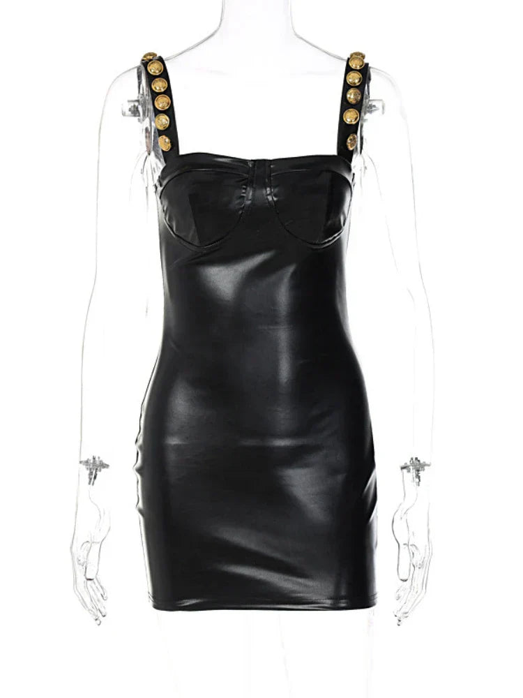 PU Imitation Leather Button Shoulder Straps Slim Bodycon Dress Women Sleeveless Skinny Mini Dress Evening Club Party Vestidos
