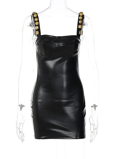 PU Imitation Leather Button Shoulder Straps Slim Bodycon Dress Women Sleeveless Skinny Mini Dress Evening Club Party Vestidos