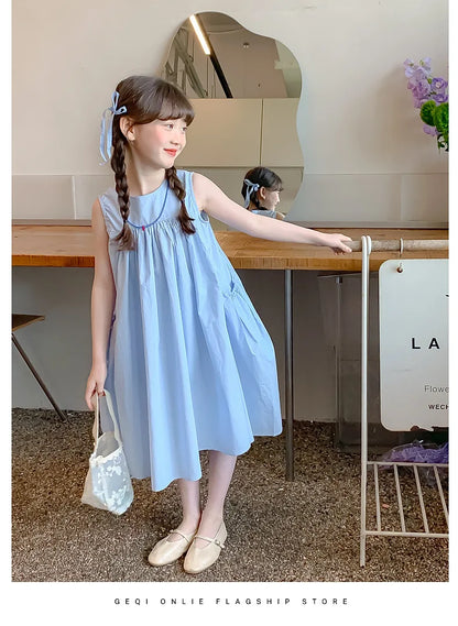 Summer Junior Girl Sleeveless Dress Solid Side Big Pockets Blue Ruched Dress For 2-10Y Girls Casual Round Collar Baby Girl Dress